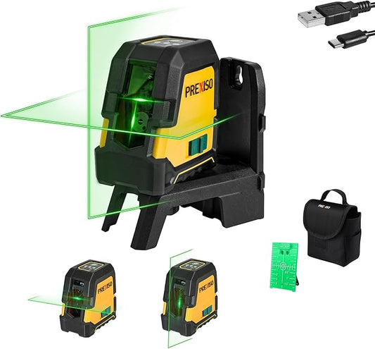 PREXISO Laser Level Self Leveling - 100Ft Rechargeable Cross Line Laser, Green Line leveler Tool for Construction, Floor Tile, Home Renovation with Magnetic Pivoting Base, Target Plate & Portable Bag