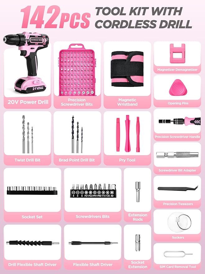 Pink Cordless Drill Set 142 Pcs, 21V Pink Power Drill Tool Set Kit with Storage Bag, Electric Drill Set for Women, Precision Screwdriver set, Magnetic Tool Belt, for Home DIY Projects