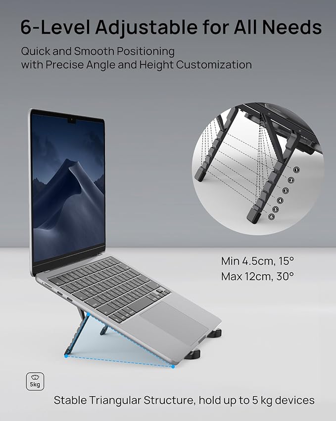 SODI Ultra Compact Foldable Laptop Stand - Portable Laptop Holder for Desk & Travel Use, Ergonomic Aluminum Computer Holder with Adjustable Height for MacBook, Tablet 10-16" (Dark Black, Bi-Fold)