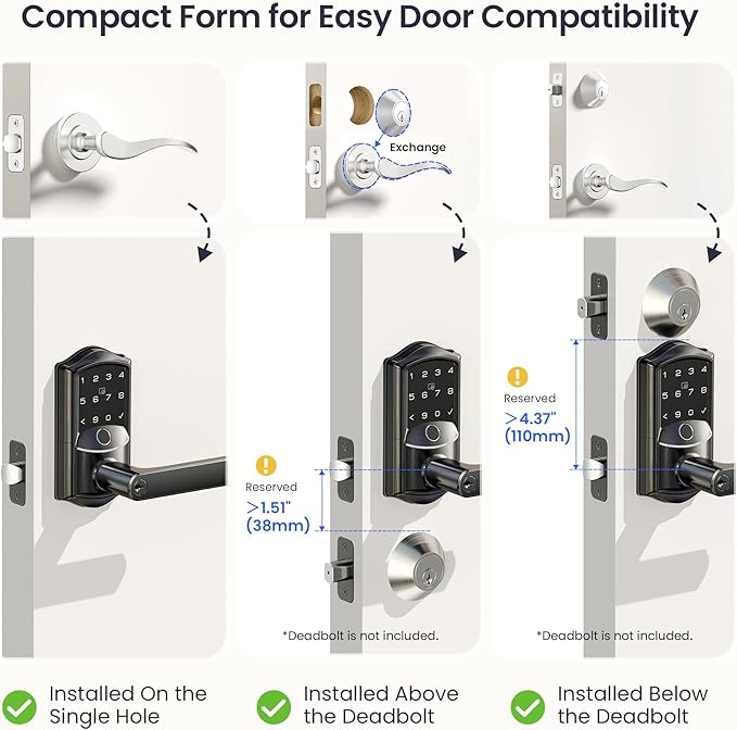 Veise VE029 WiFi Smart Lever Lock, Fingerprint Keyless Entry Door Lock with Handle, Built-in WiFi, Remote App Control, Electronic Digital Knob for Front Door and Bedroom, IP65 Waterproof, Matte Black