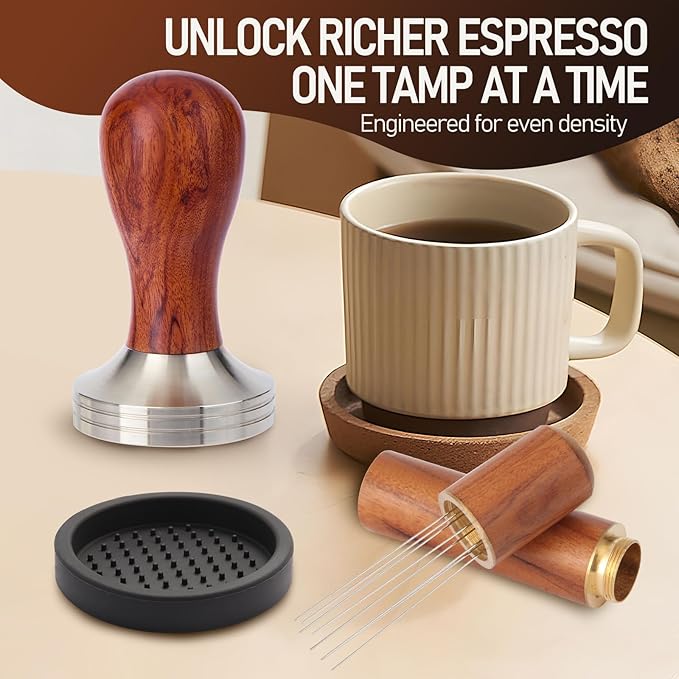 53mm Espresso Tamper Kit, Hard Wood Espresso Tamper Tool & Powder Press Pad & 8-Needles Espresso Stirrers For 53 mm Portafilter