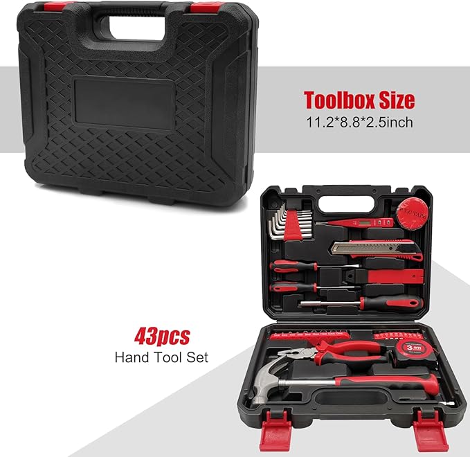 43 PCS Household Tools Kit with Plastic Toolbox, Portable and Lightweight Basic Home Tool Set, Emergency tool Kit with General Tools, Comprehensive Tool Box for College Students, Household Use