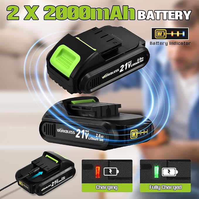 WORKBLESS 21V Power Drill Set, Cordless Drill with 2 Batteries and Charger, 3/8'' Keyless Chuck, Variable Speed, 18+1 Torque Setting and 28pcs Bits Tool Set(Green)