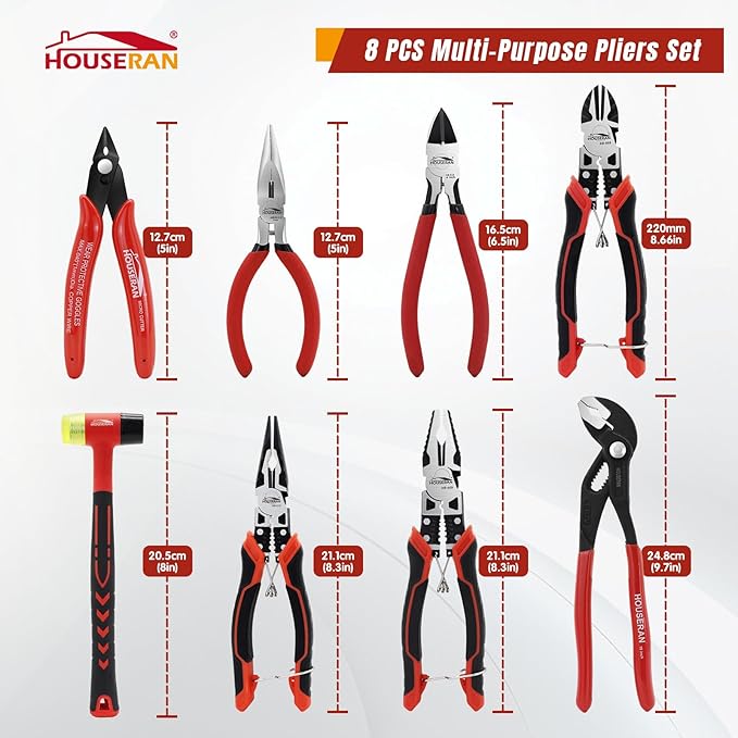 8-Piece Tool Set with Case Including 10” Groove Joint Pliers, 8.3” Long Nose, 8.3” Linesman, 7.5” Diagonal, 6” Flush Cutter, 5” Long Nose, 5” 170 Cutter, 25mm Rubber Mallet for DIY & Home Use