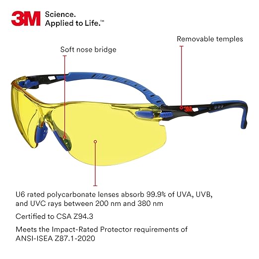 3M Safety Glasses Solus 1000 Series ANSI Z87 Scotchgard Anti-Fog Amber Lens Blue/Black Frame
