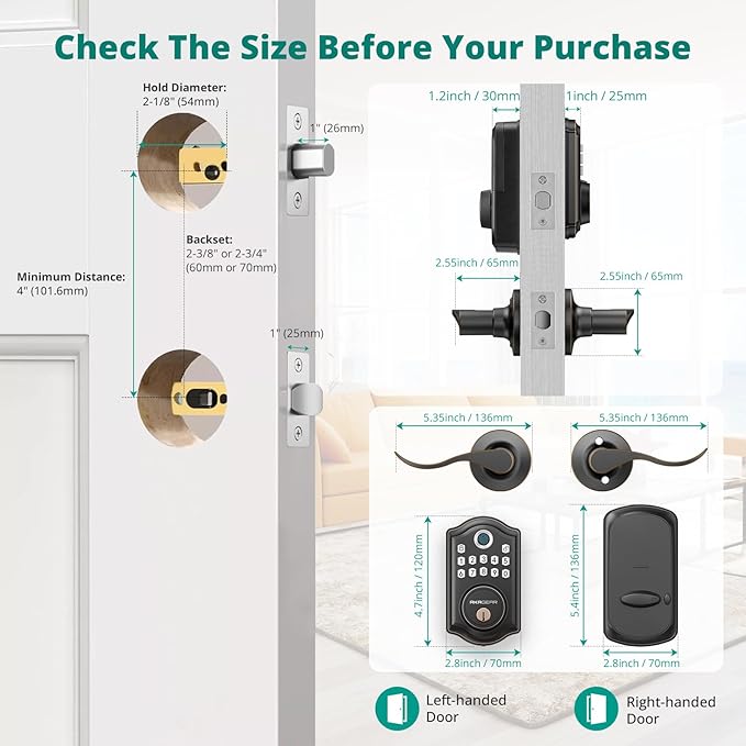 DS10 Keyless Entry Door Lock with 2 Lever Handle, Fingerprint, Keypad Code, 2 Keys, Smart Locks for Front Door, Bedroom, One-time Code, Auto-Lock, Easy Installation