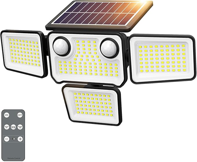 4500LM Solar Lights Outdoor Waterproof, 254 LED Solar Flood Lights Outdoor with 2 Motion Sensor, 4 Heads Security Light with Remote Control for Yard Outside House Garage 1 Pack