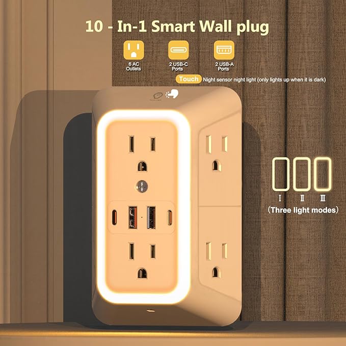 Outlet Extender with Night Light, Multi Plug Outlet Surge Protector,6 Outlet Splitter with 4 USB Outlet (2 USB A,2 USB C) 3 Sided Multi Plug Wall Adapter Power Strip for Home Travel Office 2 Pack