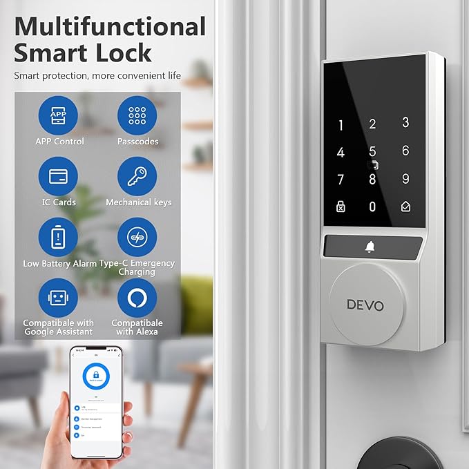 Devo G5 Smart Lock, Front Door Keyless Entry Door Lock, Bulit-in WiFi Door Lock, App Remote Control, Digital Smart Deadbolt, Electronic Touchscreen Keypad, Auto Locks, Easy Installation(Silver)