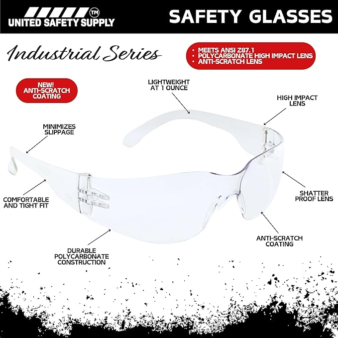 Clear Safety Glasses - Bulk 24 Pack - ANSI Z87.1 Impact Resistant Polycarbonate Lens - Protective Wrap Around Eyewear