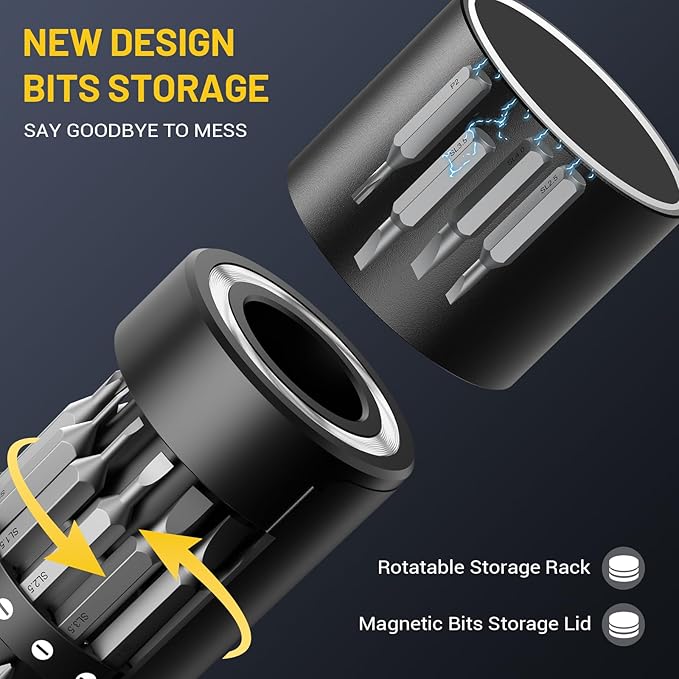 PHALANX Mini 3.7V Electric Screwdriver - Precision Screwdriver Set with 60-in-1 Magnetic Bits, Magnetic Rotatable Rack, 5/32''Hex, Electric Screw Driver Cordless for Phone, Camera, Laptop, Watch Black