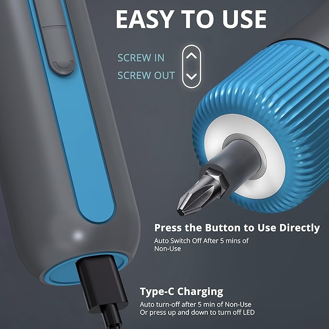 Tilswall 4V Cordless Electric Screwdriver 25pc S2 Steel Bits,Blue Mini Power Screwdriver with 4-Level Torque Control,10N.m/260 RPM,2200mAh Battery & USB-C Charging,for DIY and Home Repairs