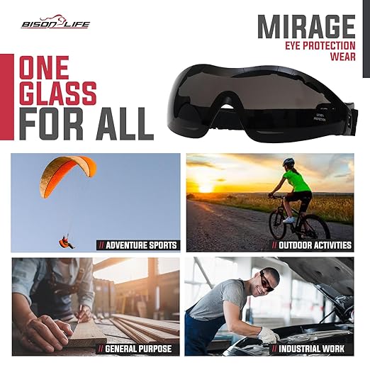 BISON LIFE Mirage Vented Safety Goggles with Adjustable Elastic Band & Protective Pouch, UV Protection Eye Goggles for Outdoor Activities, Black, Dustproof Glasses for Men & Women (1 Pack)