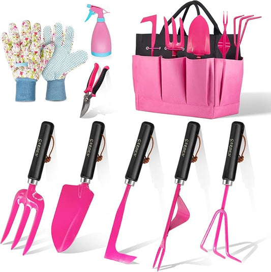 Gardening Tools 9-Piece Heavy Duty Gardening Hand Tools Set (Pink),Stainless Steels and Reinforced Garden Supplies Kit, Durable Garden Tools Organizer Handbag,Ideal Garden Gifts for Women