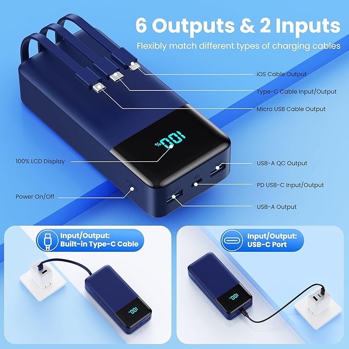 Portable Charger 50800mAh Power Bank with 3 Built in Cable,25W PD QC4.0 Fast Charging USB C Battery Pack,6 Output 2 Input LCD Display Portable Phone Charger for iPhone 16/15/14,Google,Android, Blue