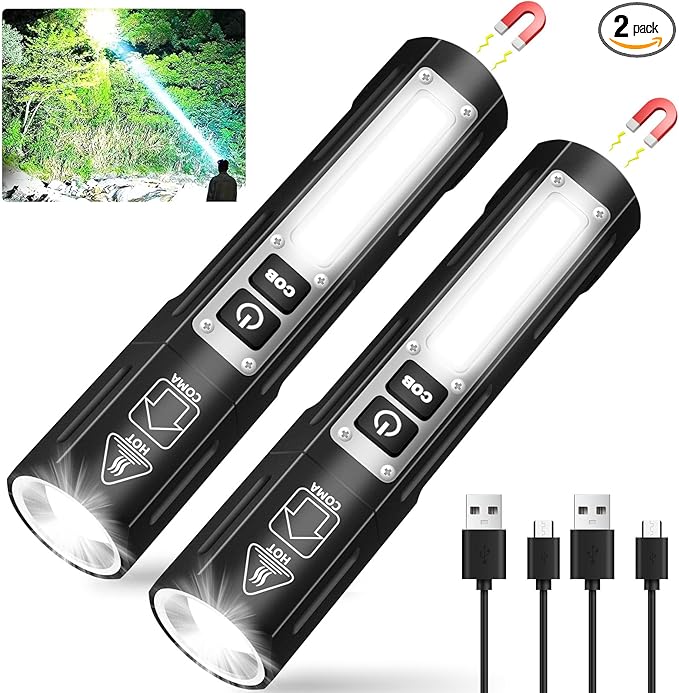 Small LED Rechargeable Magnetic Flashlights 20000 High Lumens - Super Bright Long Beam Pocket Powerful Flashlight 8 Modes with COB Work Light, Dual Button Tactical Flashlight for Camping Emergency
