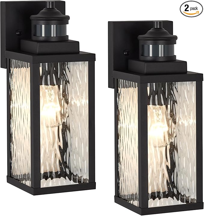 2 Pack Motion Sensor Outdoor Wall Lights,Updated Dusk to Dawn Outdoor Lighting, Exterior Light Fixtures Wall Mount With Water-Rippled Glass,Waterproof Black Porch Light Outside Lights for House
