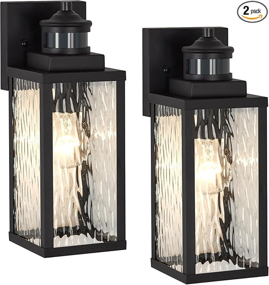 2 Pack Motion Sensor Outdoor Wall Lights,Updated Dusk to Dawn Outdoor Lighting, Exterior Light Fixtures Wall Mount With Water-Rippled Glass,Waterproof Black Porch Light Outside Lights for House