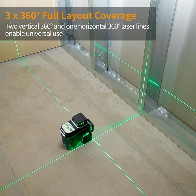 Firecore Laser Level 360 Self Leveling, 3 x 360° Compact Green Beam Cross Line Laser Leveler Tool for Picture Hanging Wall Tile Construction, 2 Rechargeable Batteries and Magnetic Bracket Included