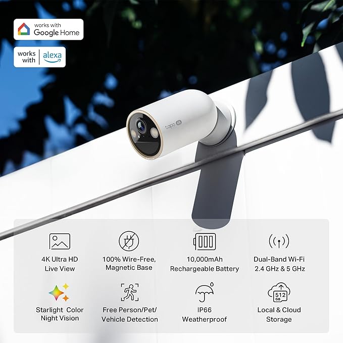 Tapo 4K Ultra HD Outdoor Battery Security Camera – Up to 200 Day Battery, Free Person/Vehicle Detection, Starlight Color Night Vision, Works w/Alexa and Google Home, MagCam 4K