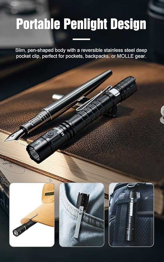 P2A Compact Dual-Mode Tactical Flashlight, 1200 Lumens Turbo Mode with 330m Beam Distance, USB-C Rechargeable 2xBattery, IP68 Waterproof, Pen-Shaped Design with Pocket Clip