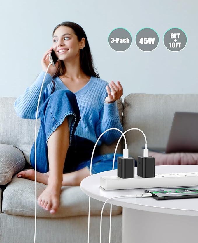 45W Super Fast Charger Type C for Samsung S24, USB C Android Phone Charger Fast Charging Block with 6FT/10FT Type C Charger Cord for Samsung Galaxy S24+ Ultra/S23+ Ultra/S22+ Ultra/iPhone 17/16-White