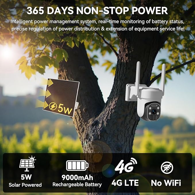4G LTE Cellular Security Camera Wireless Outdoor, 2K No WiFi Security Cellular Camera Solar Powered with Color Night Vision, PIR Motion Sensor AI Tracking for Farm/RV