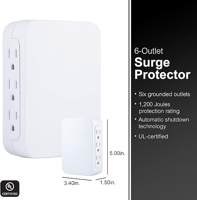 GE Pro 6-Outlet Extender, Surge Protector, Side Access, Wall Tap Adapter, 3-Prong, 1200 Joules, Warranty, UL Listed, White, 10353