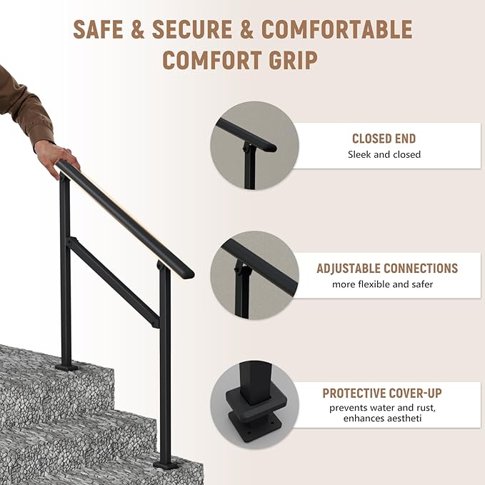Hand Rails for Outdoor Steps,2-3 Step Railing for Stairs,Adjustable Porch Railing,Hand Rails for Seniors,Outdoor Deck Handrails for Exterior Steps,Black