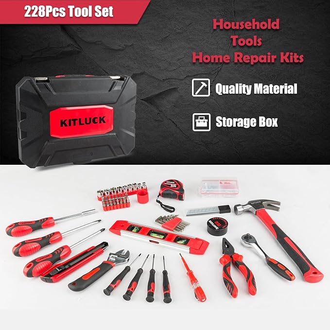 KITLUCK 138-piece Home Tool Kit, Household Hand Repair Tool Set for men, Portable Basic Tool box Set with Tools (Screwdriver, Plier, Wrench, Socket, Harmer, Rule, etc.) for Home and Car