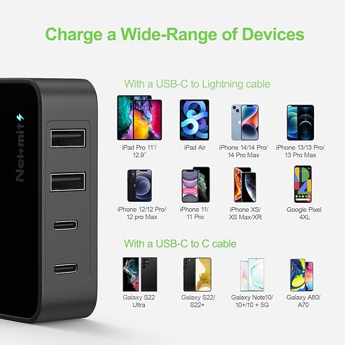 Nekmit USB C Charger, Fast Thin Flat 52W 4-Port Wall Charger with Two 20W Power Delivery and 2 USB Port for iPhone 14/14 Pro/14 Pro Max, Galaxy, Pixel, iPad Pro, AirPods Pro and More, Upgraded