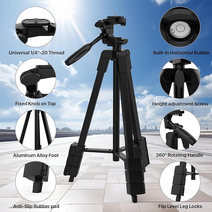 Laser Level Tripod,1/4"-20 Thread Mount,18" Lightweight Aluminum Portable Adjustable Tripod with 3-Way Flexible Pan Head, Bubble Level, Non-Skid Feet, Carrying Pouch Included,Black