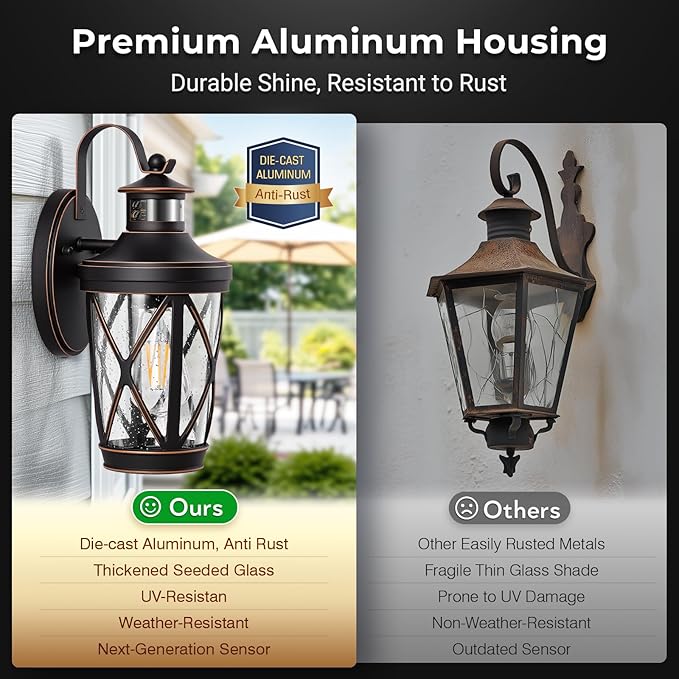 VIANIS Motion Sensor Outdoor Porch Lights Wall Mount, 2-Pack Modern Dusk to Dawn Exterior Lighting Fixtures, Oil Rubbed Bronze Gold Trim Wall Lanterns for Garage, Waterproof Coach Lights for House