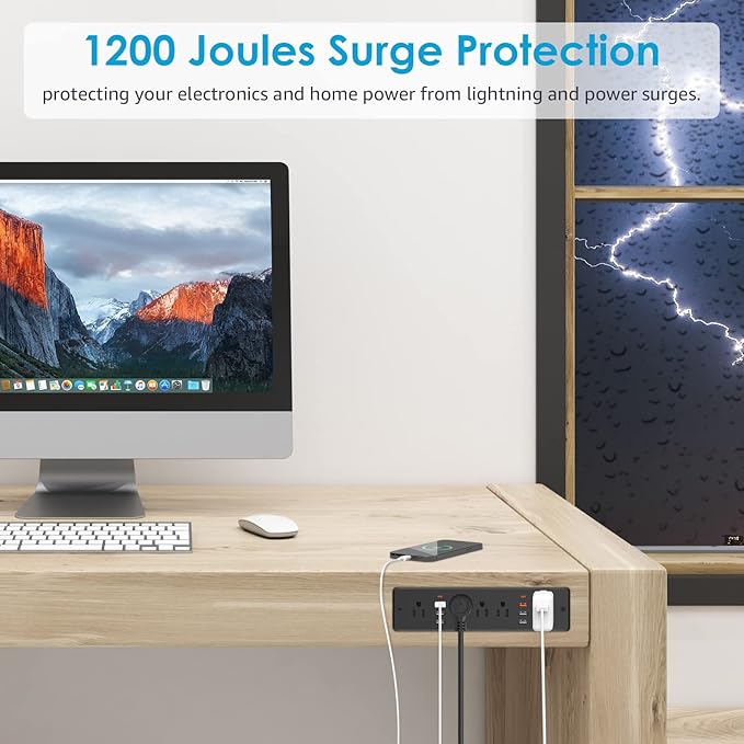 HHSOET 13 in 1 Recessed Power Strip Flat Plug, Fast Charging Furniture Outlet with USB, Conference Recessed Surge Protection Socket with 5 AC Plugs, 6 USB Ports 2 USB-C, 10ft Power Cord.(Black)