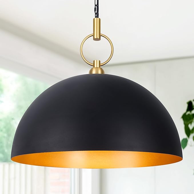 23.6" Farmhouse Pendant Lights for Kitchen Island, Black and Gold Large Dome Pendant Light Fixture Industrial Hanging Lamp for Dining Room Living Room Hallway Bar Bedroom