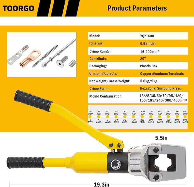 Cable Lug Crimping Tool, 6 AWG to 800 MCM Hydraulic Plier, 16 Ton Hand Crimping Tool for Wires, Terminal, Lug, Crimping Tool Kit with 12 Dies