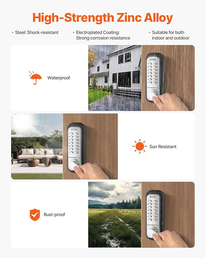 VEVOR Mechanical Keyless Entry Door Lock, 14 Keys, Mechanical Keypad Door Lock with Handle, Stainless Steel Waterproof Keyless Gate Lock, for Home Office Outdoor Fence Garage Yard