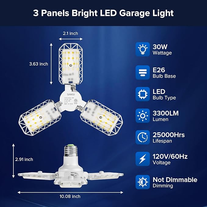 SANSI Garage Lights, 300W Equiv.Garage Lighting Ceiling LED，Deformable Shop Light for Workshop, 30W 5000K Daylight Screw in Bulbs with 3 Adjustable Panels, ETL Certified, E26 Socket for Basement