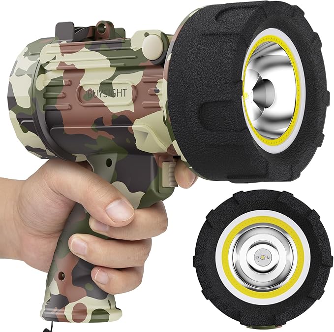 BUYSIGHT Rechargeable Spotlight Flashlight Floodlight,1000000 Lumen Hand held Spot Lights IP67 Waterproof COB Camping Lantern with red Filter(Camouflage Gray-COB)