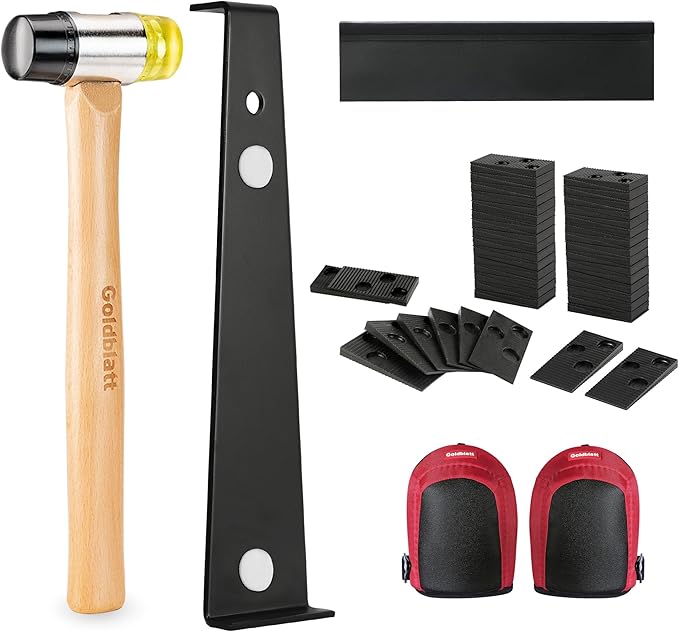 Goldblatt Laminate Wood Flooring Tools Installation Kit with 100 Spacers, Reinforced Double-Faced Mallet, Tapping Block, Heavy Duty Pull Bar, and Protective Knee Pads