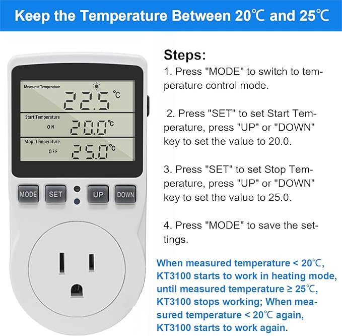 Digital Thermostat Outlet Plug Temperature Controller Outlet Socket 120V Heating Cooling Control 110V 15A Celsius Fahrenheit Display White