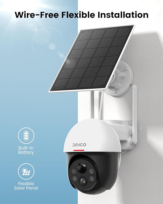 DEKCO Solar Security Camera Outdoor Wireless, Battery Powered, Panoramic Pan Tilt Zoom, Auto Motion Tracking, True 2K, Color Night Vision, Spotlight, 2-Way Talk