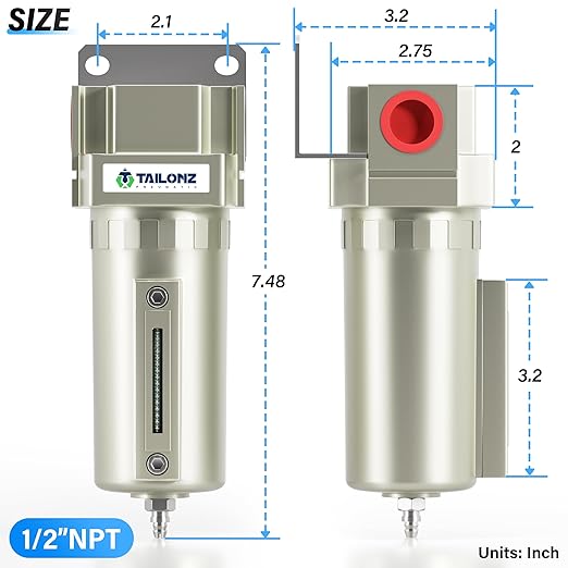 TAILONZ PNEUMATIC 1/2" NPT Industrial Grade Heavy Duty Particulate Air Filter with Metal Bowl - Paint Spray Compatible, Manual Drainage System