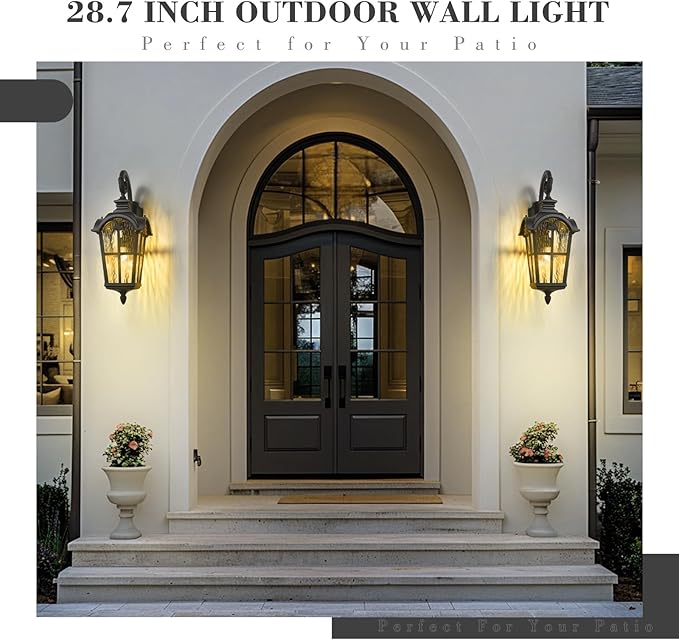 Emliviar 28.7" Black Outdoor Wall Sconce, Large Exterior Lantern Light Fixture with Die-Cast Aluminum & Water Ripple Glass, WE215BL-SW BK