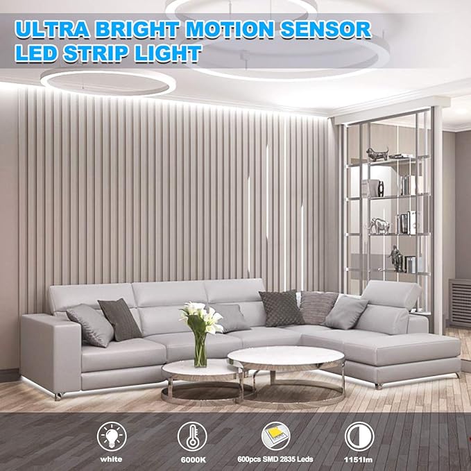 MY BEAUTY LIGHT Motion Activated LED Strip Lights, 32.8ft LED Light Strip with Day or Night 2 Lighting Modes,3 Timing Off Modes,Bright White 12v Plug-in LED Rope Lights for Bedroom,Kitchen,Stair,Room