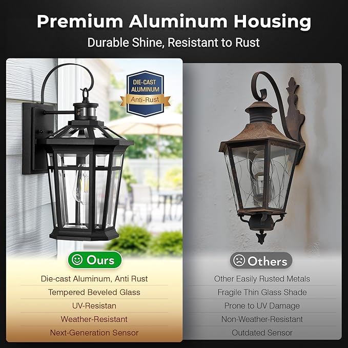 VIANIS Motion Sensor Outdoor Light fixtures Wall Mount, Large Anti-Rust Aluminum Outdoor Lantern, Black Waterproof Outside Wall Sconce for House, Modern Dusk to Dawn Exterior Lighting for Garage