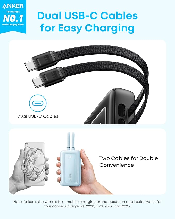 Anker Zolo Power Bank, 45W Max Fast Charging, 20,000mAh Battery Pack with Dual Built-in USB-C Cables, USB-C&A Port, for iPhone 17/16 Series, Samsung, MacBook, iPad, and More