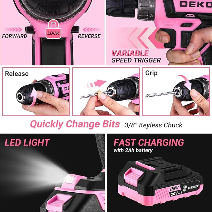 DEKOPRO Pink Drill Tool Kit Set: 20V Cordless Power Drill Tool Box with Battery Electric Drill Driver for Men Home Hand Repair Basic Toolbox Tools Sets Drills Case, DKMT186-GP
