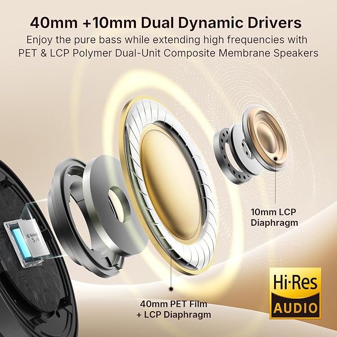 EarFun Tune Pro Active Noise Canceling Headphones, Wireless Bluetooth Headphones with 5 Mics, 120H Playtime, Bluetooth 5.4, Hi-Res Audio, Multipoint Connection, Custom EQ via App, Comfortable Fit