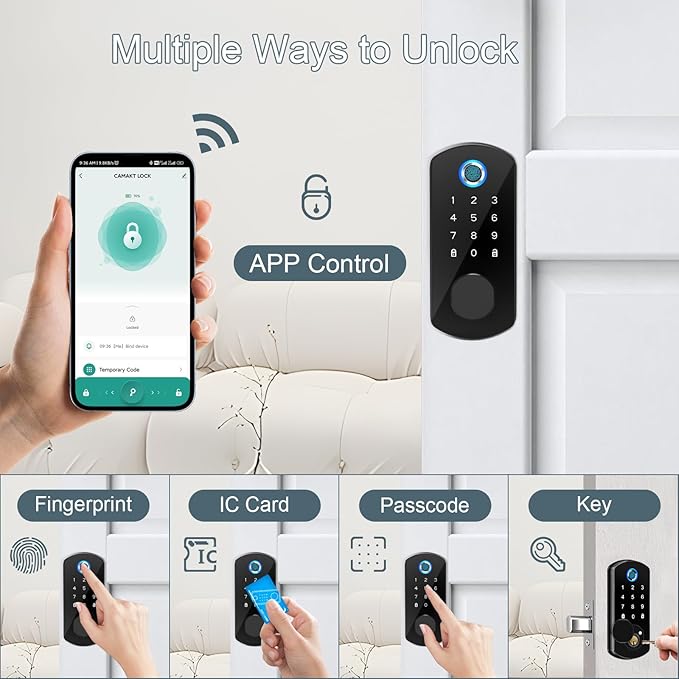 Smart Door Lock Fingerprint Deadbolt, Keyless Entry Door Lock with App Control, Digital Electronic Keypad Touchscreen Code Auto Lock, Biometric Smart Locks for Front Door (Black)